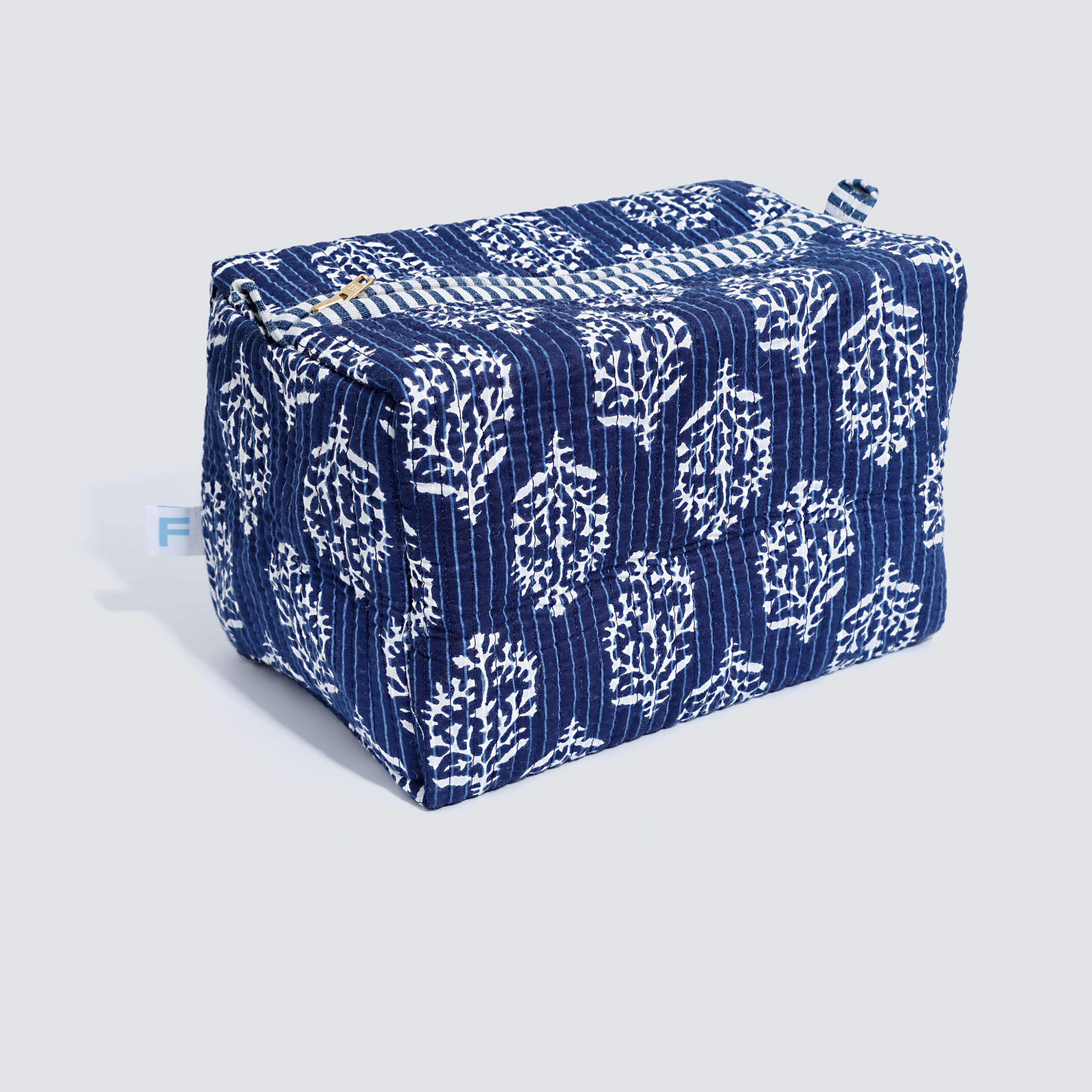 Indian Cotton Pouch- Navy with White Leaf